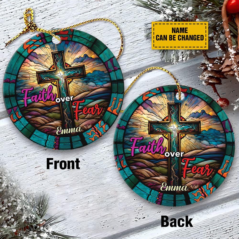 Personalised Christmas Ornament, Faith Over Fear Cross Retro Circle Ceramic Ornament, Christmas Ornaments 2023