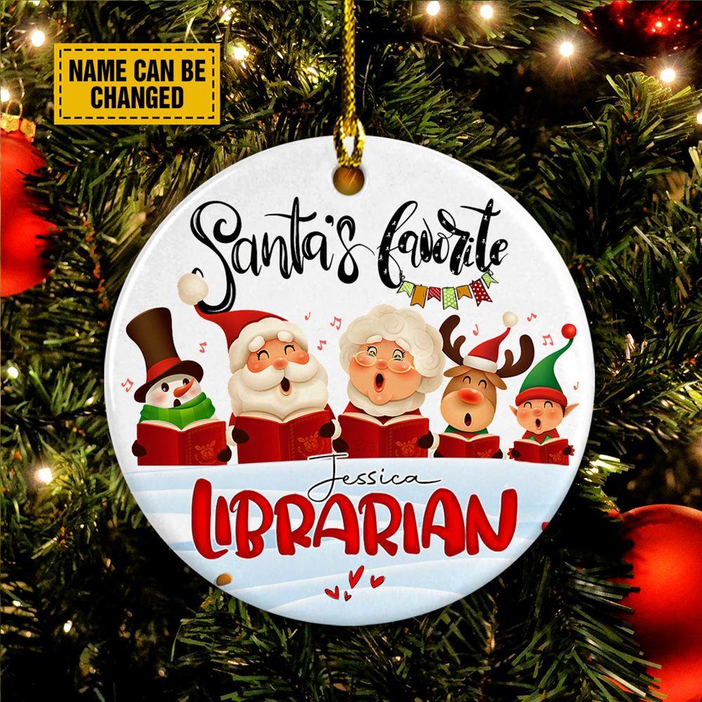Personalised Christmas Ornament, Santa's Favorite Librarian Circle Ceramic Ornament, Christmas Ornaments 2023